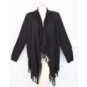 New Chico's 2 L 12 14 Black Touch of Cashmere Open Fringed Cardigan